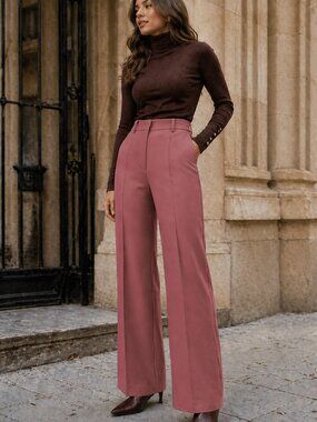 70s SEARS 27x34 Vintage High-Rise Straight Leg Trousers - Pink Polyester